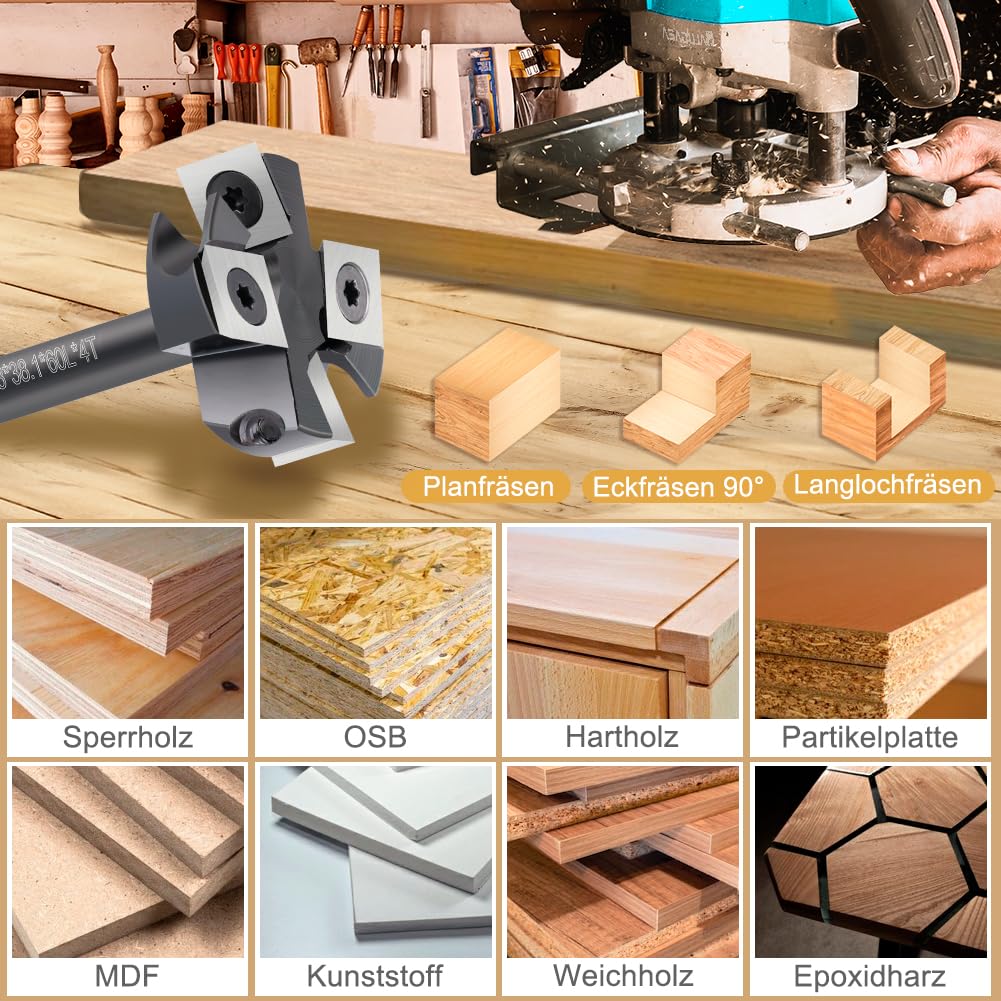 Planfräser 8mm Schaft CNC Holzfräser 38,1 mm Schnittdurchmesser Planfräser für Oberfräse mit 4 austauschbaren HM-Wendeplatten 12 x 12 mm, Fräser zum Planfräsen, Nutfräsen und Kantenfräsen