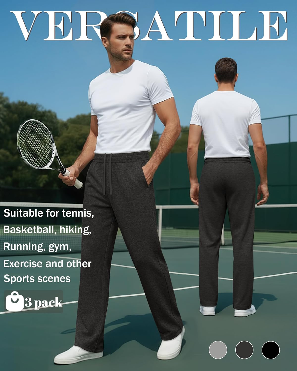 Neer 3 Pack Men's Drawstring Sweatpants Open Bottom Joggers Workout Athletic Tall Lounge Pants Wide Leg with Pockets(Black, Dark Heather Gray, Light Heather Gray,XX-Large) - Image 4