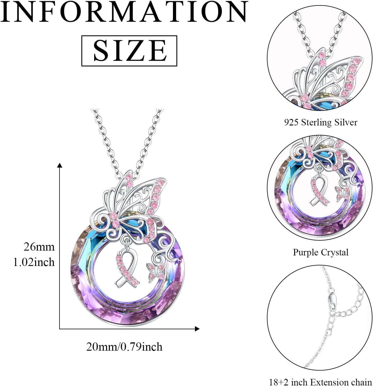 Butterfly Cancer Ribbon Necklace 925 Sterling Silver Breast Cancer Awareness Necklace With Austrian Crystals Cancer Survivor Jewelry For Women - Image 5