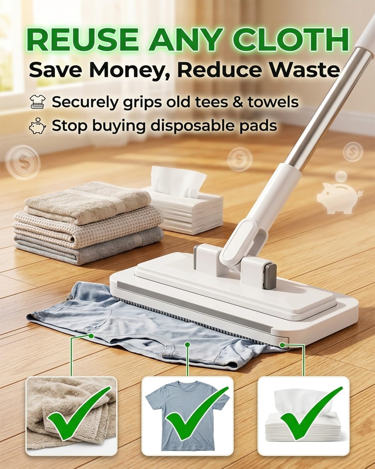Hands Free Multifunctional Lazy Flat Mop with One Click Cloth Attachment Automatic Gripping Hands Free Multi Purpose Flat Mop Multi Purpose Floor Cleaning Wet and Dry Snap Grip with Cloths(2pcs)