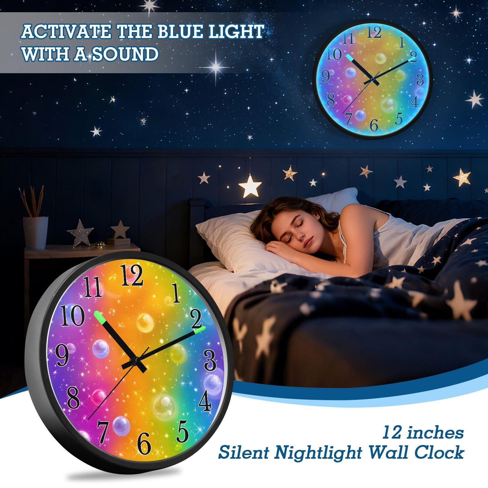 Mnsruu Reloj de pared luminoso con patrón de burbujas coloridas de arcoíris degradado, funciona con pilas, reloj silencioso que brilla en la oscuridad, para sala de estar, cocina, 12 pulgadas