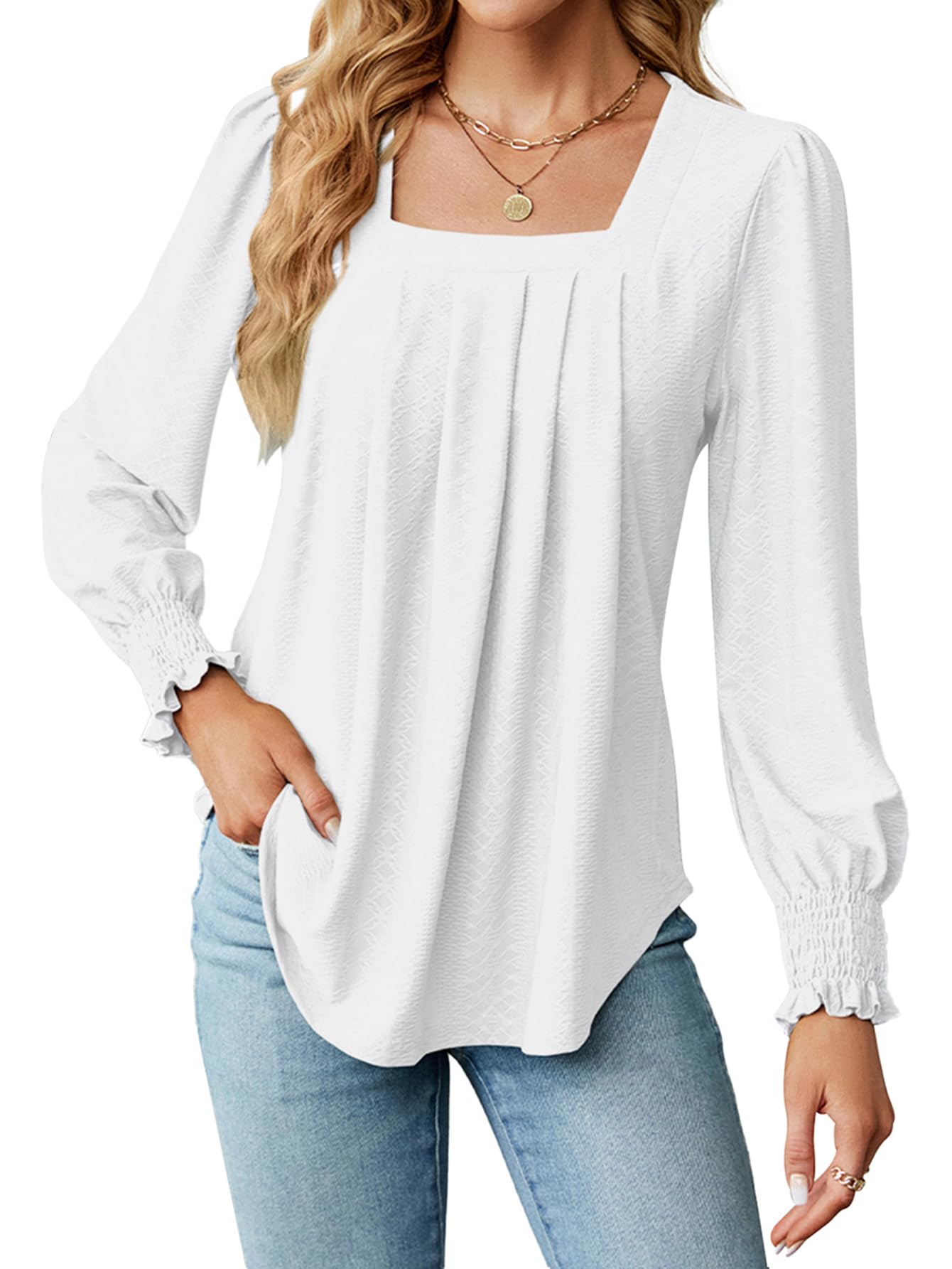 LANISEN Women's Fall Shirts Square Neck Ruffle Long Sleeve and Elastic Pleated Front Casual Blouses Tops