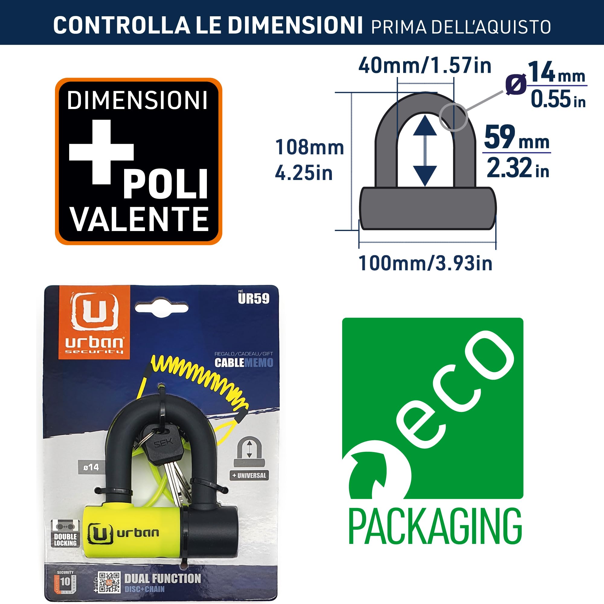 URBAN UR59120 - Lucchetto antifurto mini U con catena con fiocco da 120 cm, doppia funzione più sicura per lucchetto moto disco, serratura ad alta sicurezza e doppia chiusura, antifurto universale per