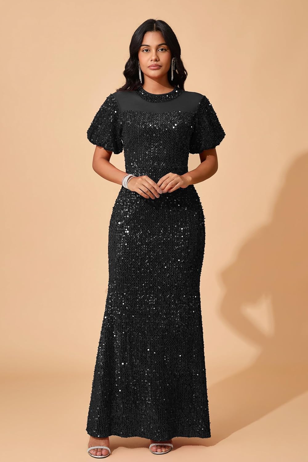 VERWIN Women's Sparkly Elegant Sequins Mesh Puff Sleeve Prom Party Cocktail Gown Mermaid Maxi Dress - Image 5