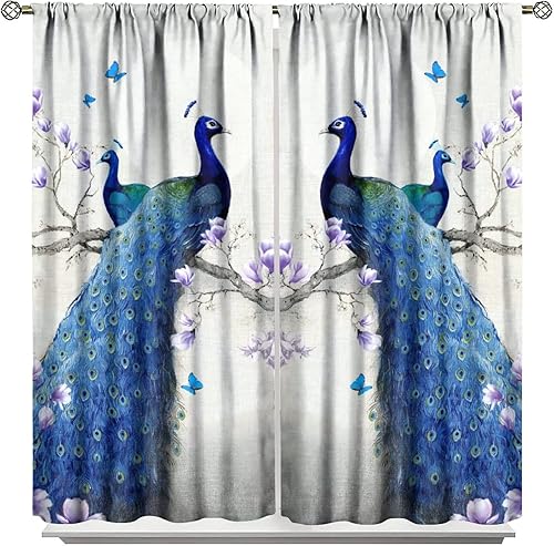 Miniatura 122 de Cortina opaca con estampado de pavo real, con estampado de animales retro, con bolsillo para cortinero y flores de peonía doradas, para dormitorio,