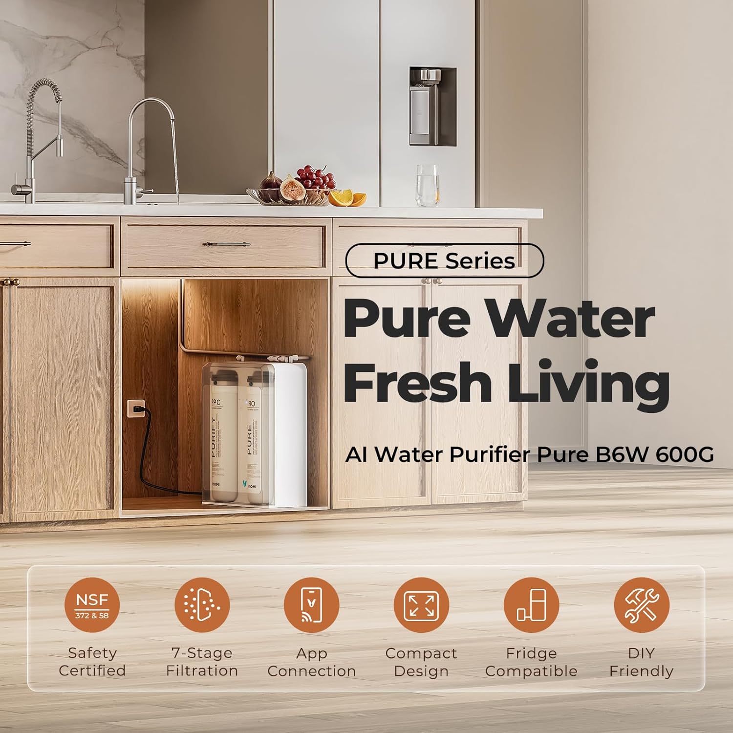 VIOMI Pure B6W 600 GPD Reverse Osmosis System, TDS Reduction, 7-Stage Tankless RO System, Under Sink Water Filter with Faucet, NSF/ANSI 372 & 58 Certified, 2:1 Pure-to-Drain, Wi-Fi Enabled APP Control