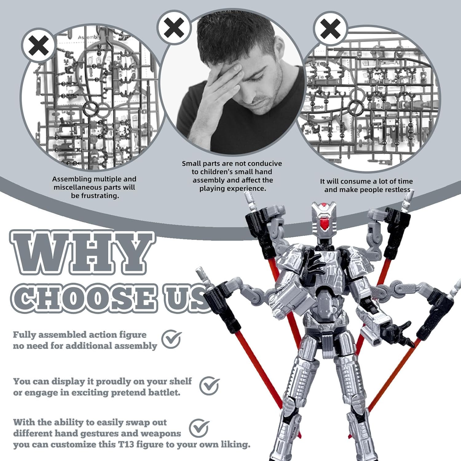 Assembly Completed T13 Action Figure，T13 mision 13 figuras originales 3D Printed Toys Nova 13Action Figures Desktop Decorations for Game Lovers Toy (Silvery, 5.5 Inch) - Image 3