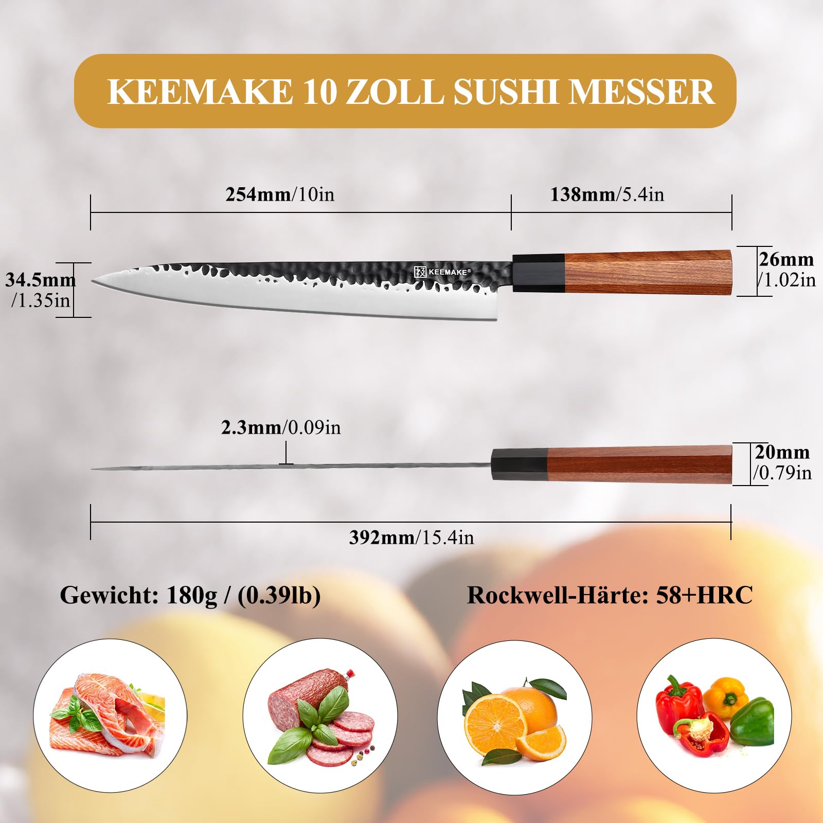KEEMAKE Profi Sushi Messer 25 cm – Japanisches Sashimi Klingen-Extra Scharf – Yanagiba Fischmesser & Filetiermesser aus Hochkohlenstoffstahl – mit Holzgriff und Geschenkbox, vatertagsgeschenk