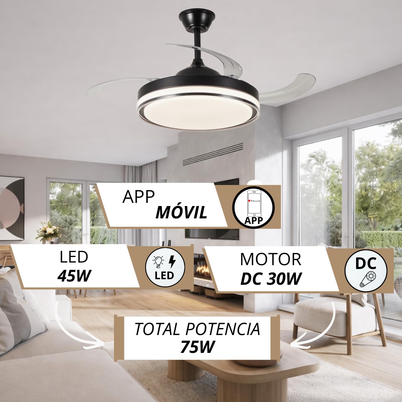 NARVI Ventilador de Techo Negro con Luz LED Regulable, Motor DC 30W Silencioso, Lámpara Ventilador con Mando a Distancia, 3 Aspas Retráctiles, Función Invierno Verano, LOVANIA 1576 BK - 45W