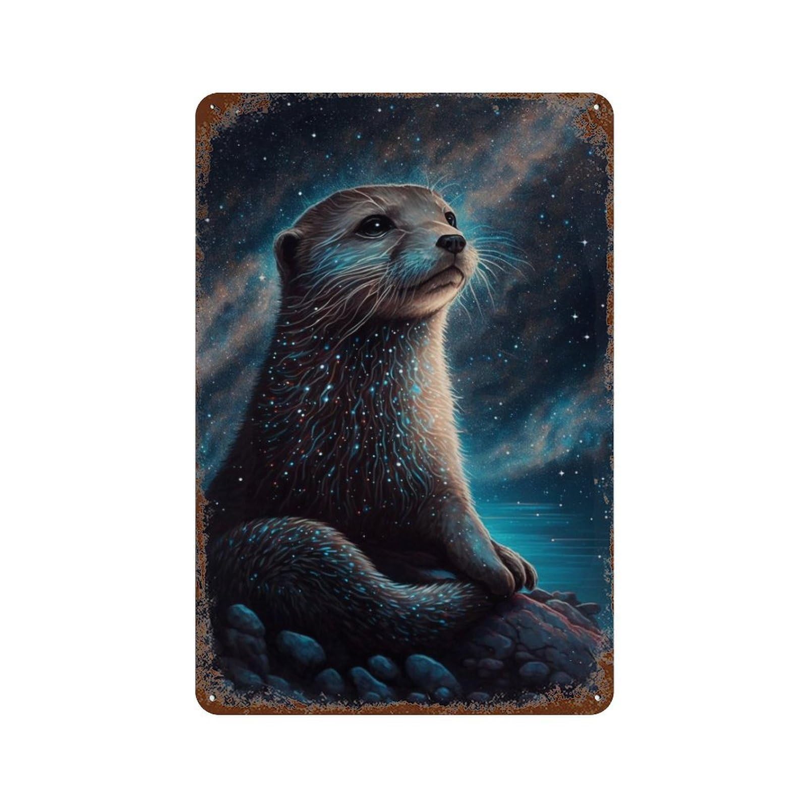 Galactic Otter Gazing Stars Rust Effect Tin Sign 11.8"x7.9", Vintage Wall Decor for Pub, Kitchen And Man Cave Decor