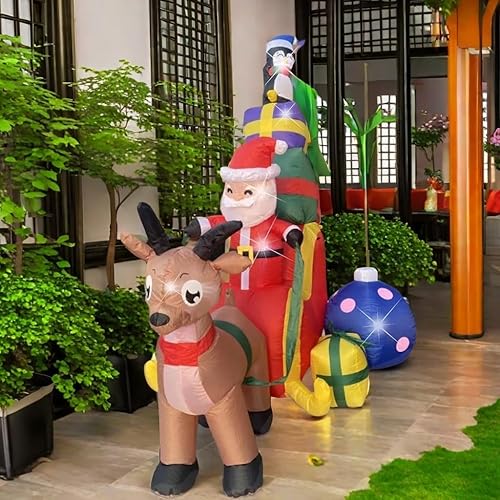 Inflables navideños de Papá Noel con trineo de renos, pingüinos y cajas de regalo, decoraciones al aire libre, luces LED integradas, decoración de