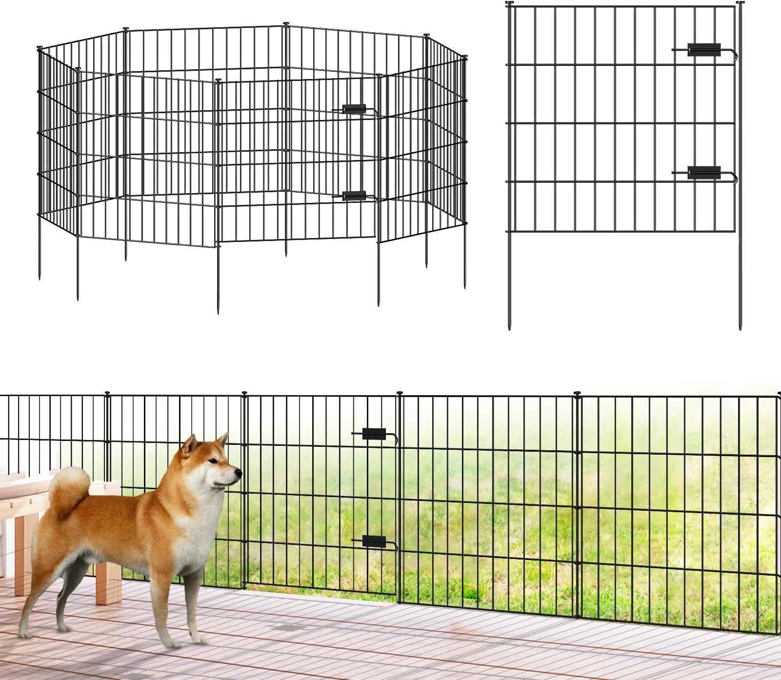Metal Garden Fence with Gate 28in (H) x 18.7ft (L), 1 Gate + 7 Panels Dog Fence Border Fence Animal Barrier, No Dig Garden Fencing for Yard Flower Bed Lawn Patio Outdoor, PIN28288G Black