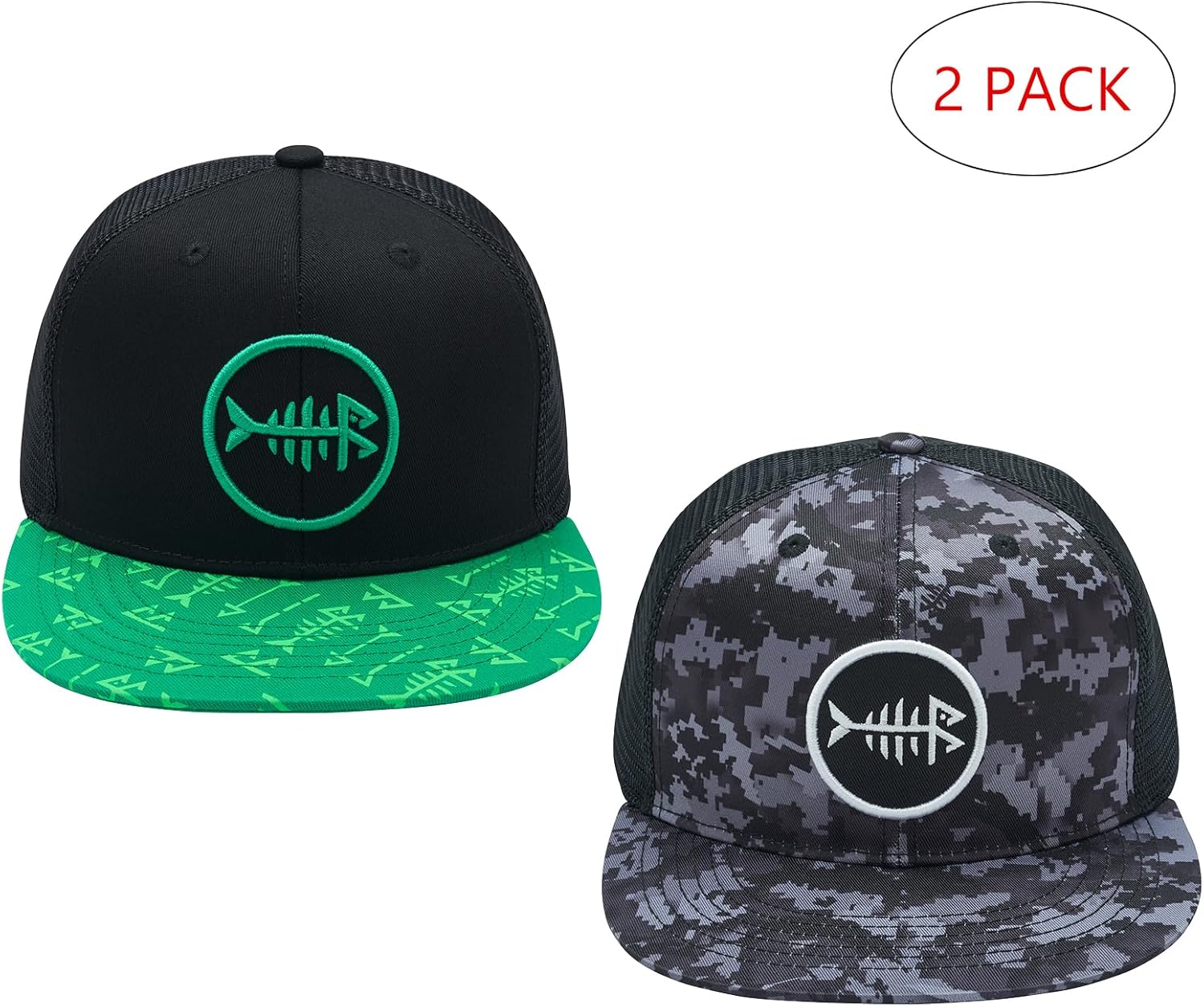 BASSDASH 2 Pack Flat Brim Trucker Cap Adjustable Snapback Hat Mesh Back for Men Women Fishing Hunting