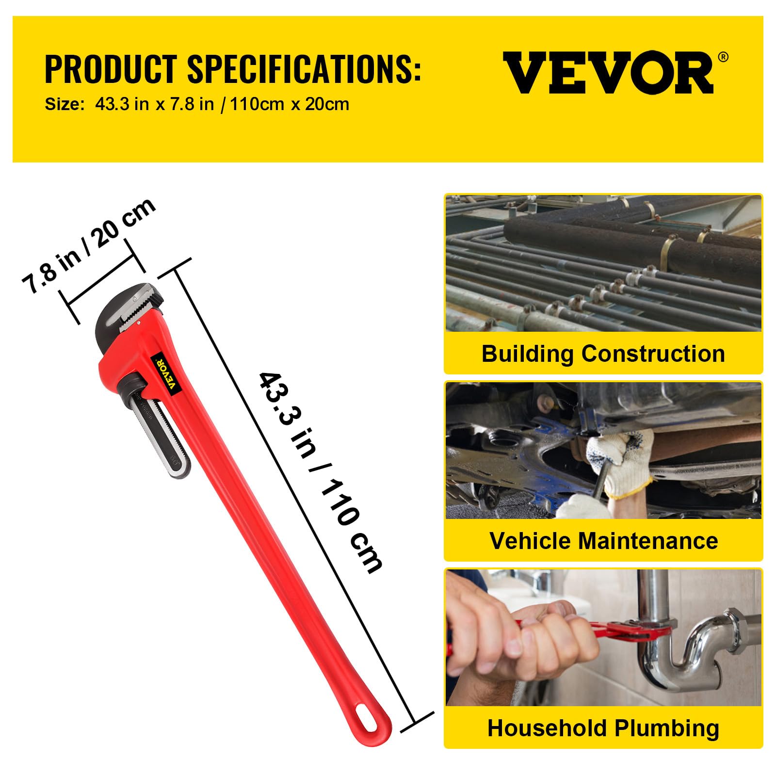VEVOR 110 cm Chiave per Tubi in Ghisa, Chiave ad Artiglio con Ganascia da 200 mm, Chiave per Tubi Idraulici Regolabile e Resistente per Rubinetto del Lavello, Tazza del WC, Scarico, Bagno, Cucina