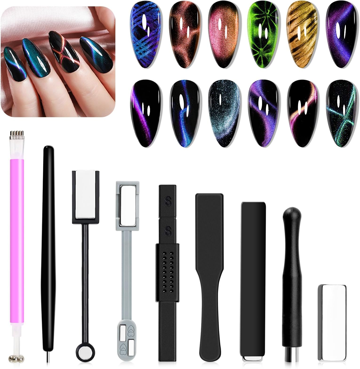 Cat Eye Magnet for Nails 9PCS Magnet Nail Tool for Cat Eye Gel Nail Polish Multi-Function Double-Head Mangtic Stick for 9D Strip Galaxy Cat Eye Nail Art Design DIY Home Manicure