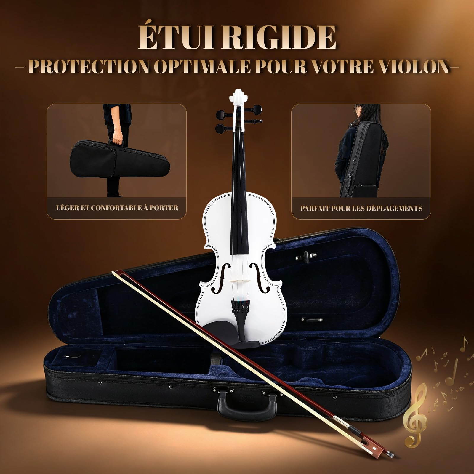 Bonnlo Violino per Bambini e Principianti, Misure 1/4, 1/2, 3/4 e 4/4, Violino in Legno Compensato di Tiglio con Acro in Legno Rosso, Astuccio, Colofonia e Mentoniera, 4/4, Bianco