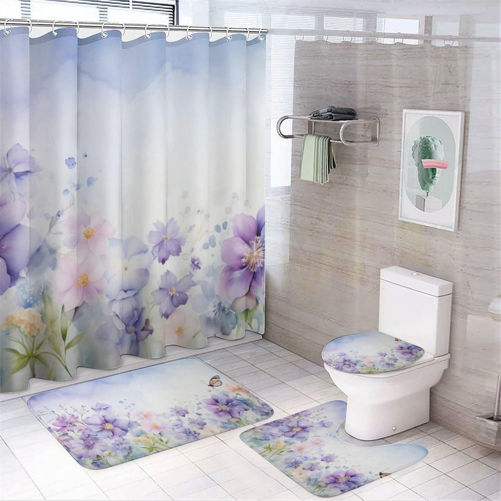 Dunmat 4Pcs Purple Flowers Shower Curtain Sets, Watercolor Natural Butterfly Wild Flower Bathroom Set with Shower Curtain, Toilet Lid Rug, Non-Slip