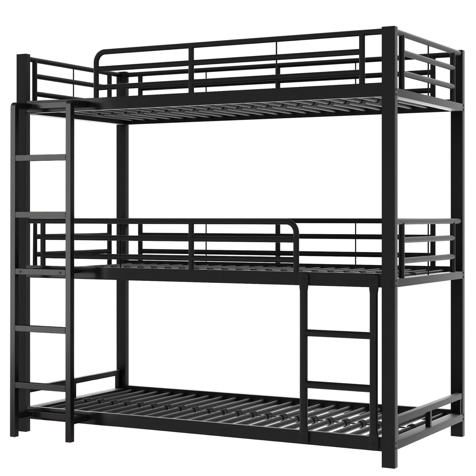 PUGSDRLY Lit Superposé 3 Place 90x200 avec Escalier,Sommier Robuste(B-Noir) | Quatre Barrières Haute,Escalier Robustes,pour Garçons Filles