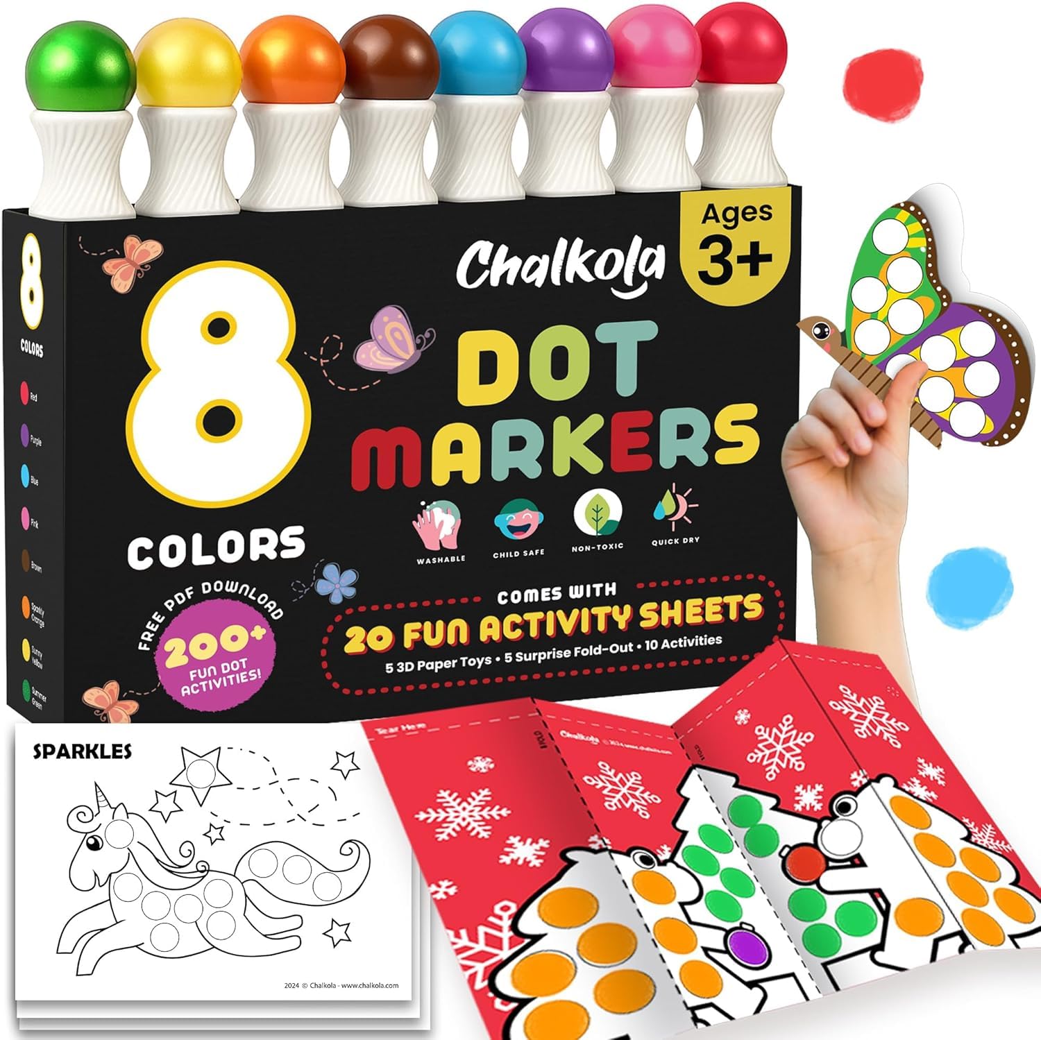 8 Washable Dot Markers for Toddlers - Non Toxic Paint Dotters, Bingo Daubers | Dot Art Markers, Paint Dot Markers for Kids with 20 Page Free Activity Book - Ages 1, 2,3, 4 + Years