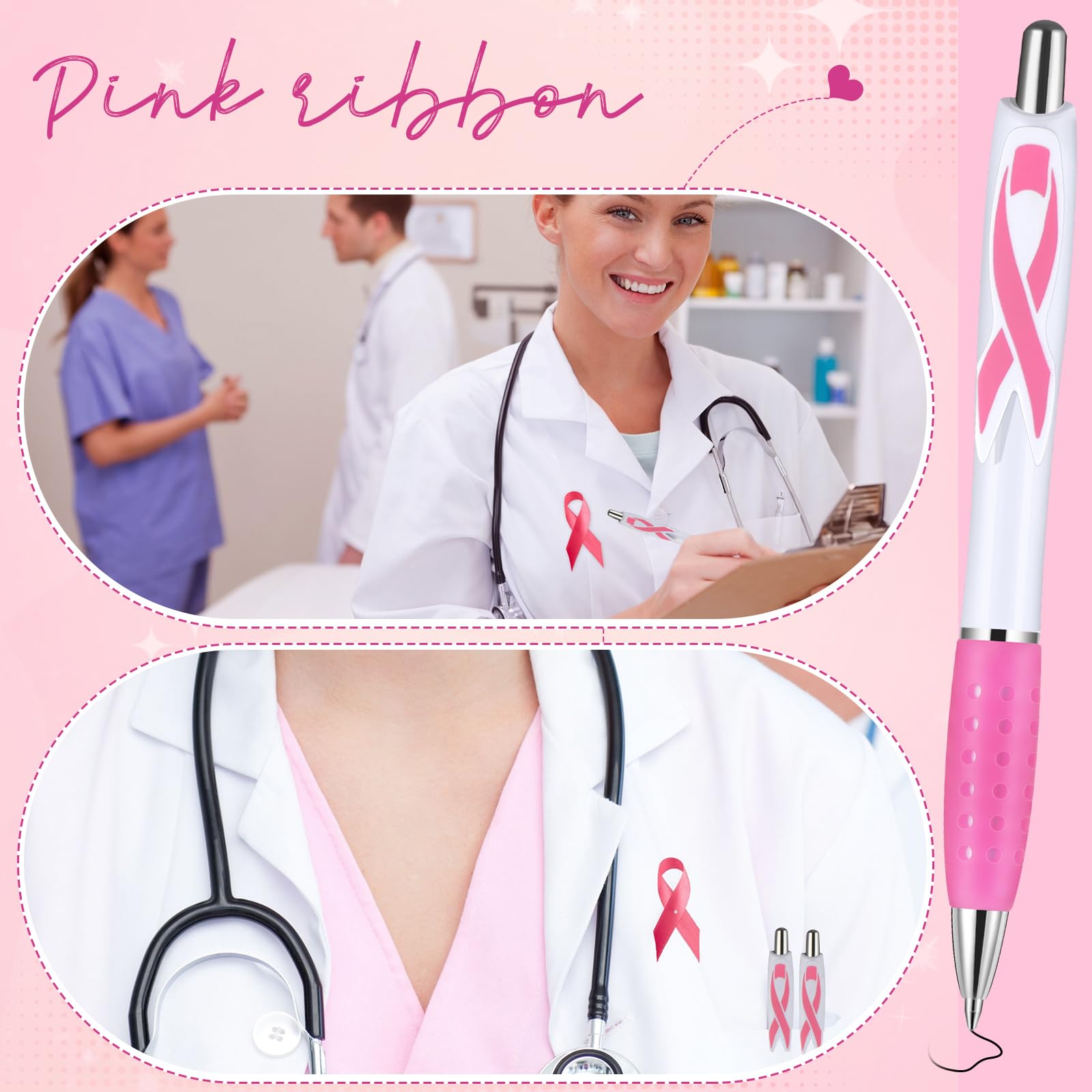 Ctosree 50 bolígrafos retráctiles de gel con cinta rosa, bolígrafo de cinta de concienciación sobre el cáncer de mama, bolígrafo de punta fina, tinta negra, bolígrafos de plástico a granel de gel rosa