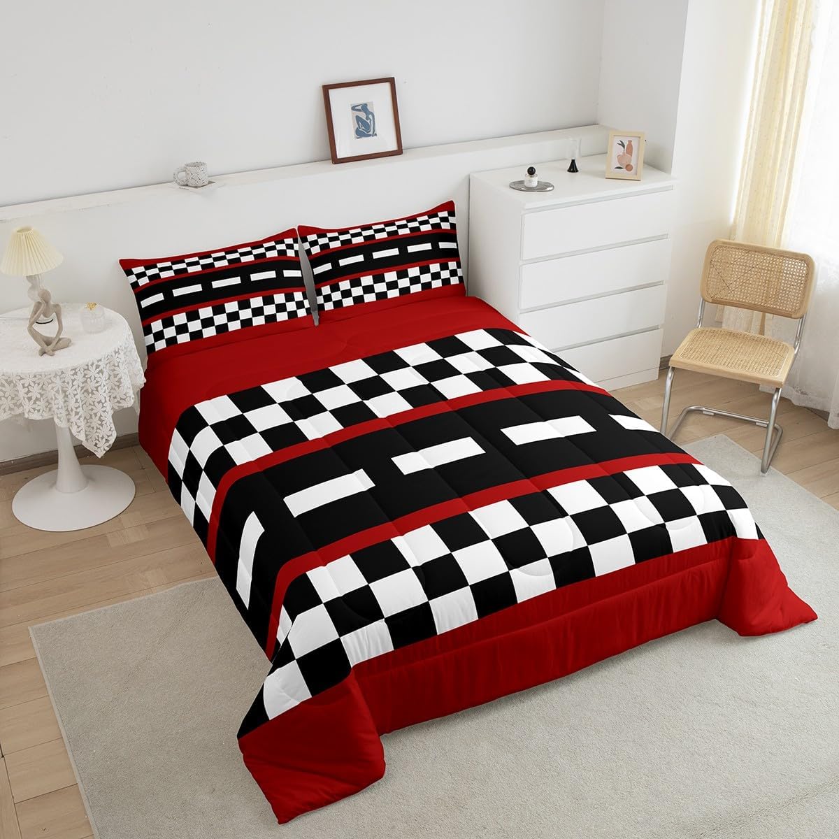 Castle Fairy Extreme Sports Bed Comforter Set Queen Size,Racing Track Black White Grid Super Soft Microfiber Bedding Set for Adults Teens,Race Car Comforter Set,2 Pillowcases