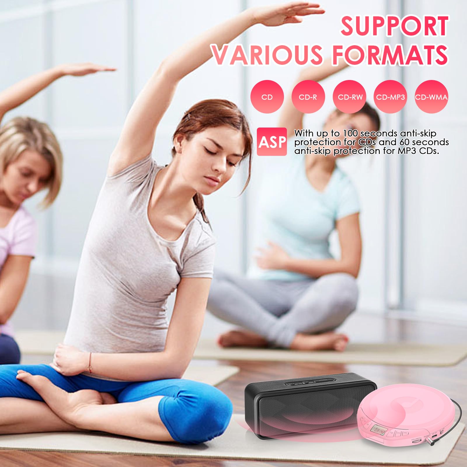 Gueray CD Player Tragbar Kinder Tragbarer CD-Player fürs Auto Discman mit Kopfhörer LCD-Display Unterstützung ASP PROG Speicherfunktion Repeat-Funktion Sound-Effekt Rosa