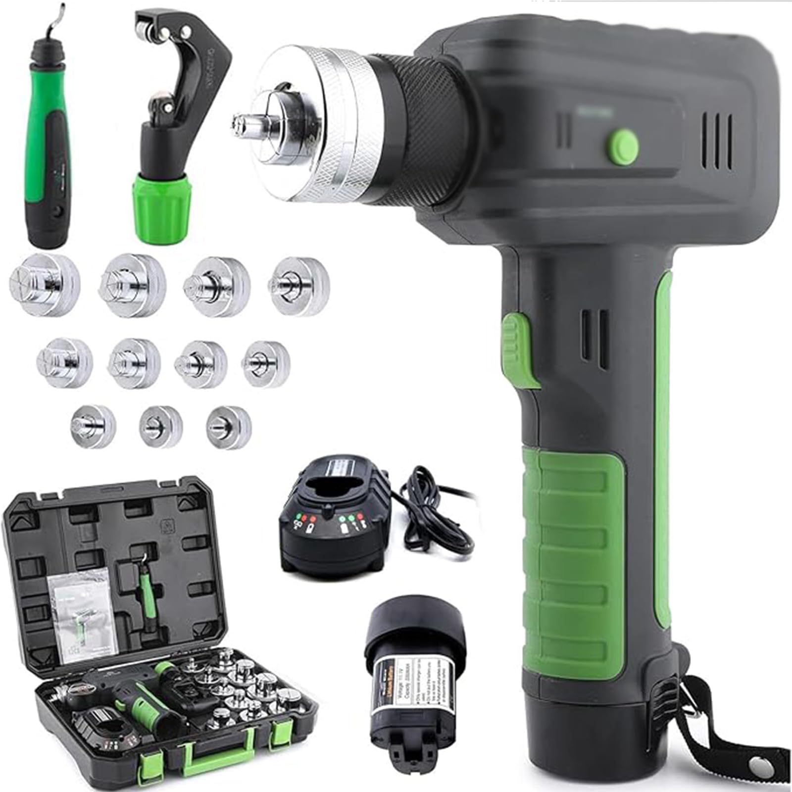 YXYLJOZ Electric Hydraulic Pipe Expander Tool Kit with 11 Replaceable Heads, Includes Deburring Tool & Cutters for Copper and Aluminum Tubing for Professionals and DIY Projects