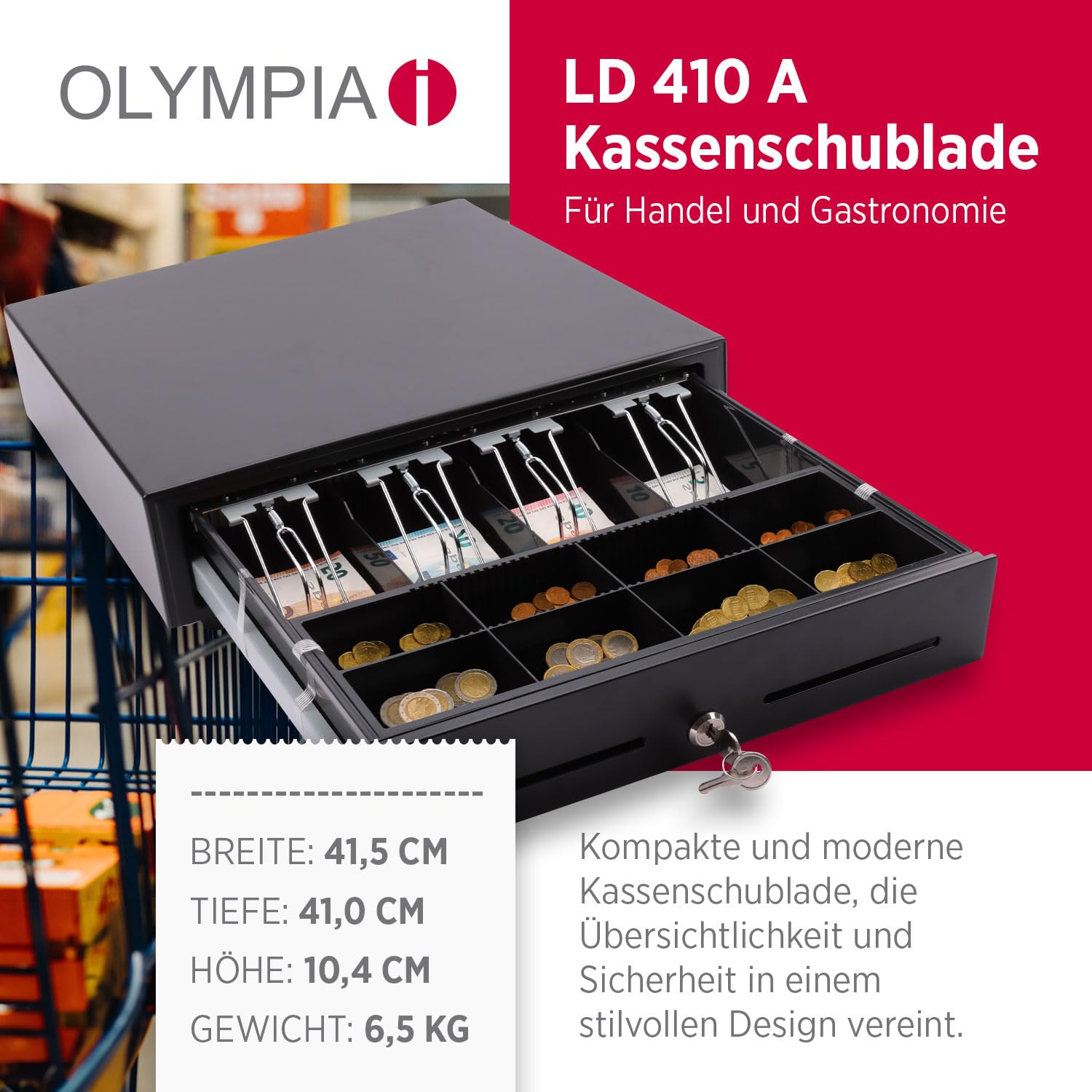 Olympia LD 410A Kassenschublade | Geldkassette abschließbar mit Einwurfschlitz | RJ12-kompatibel | 8 Münz- & 4 Scheinfächer + Halteklammern | Metallgeldbox für Handel & Gastronomie | 41,5x41x10,4 cm
