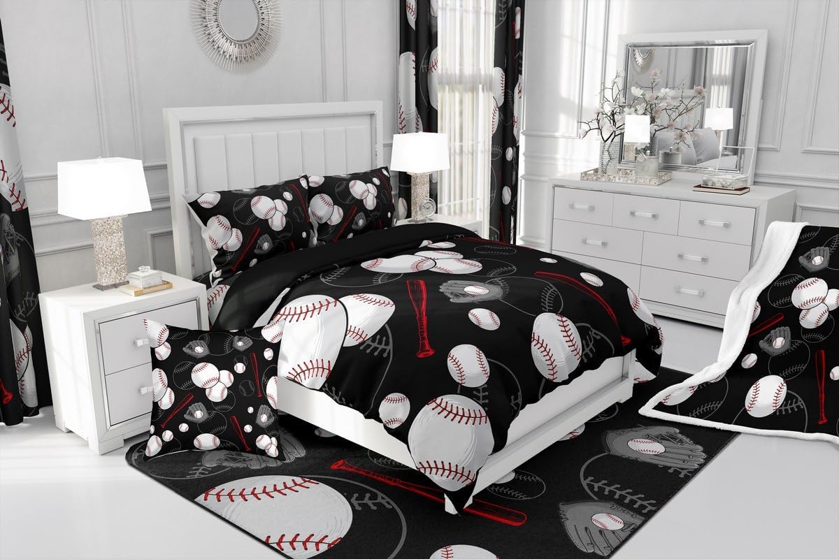 Baseball Duvet Cover Set Toddler Size,Bat and Gloves Bedding Set for Kids Boys Girls Room Decor,Sports Baseball Comforter Cover,Black White Red Quilt Cover with 1 Pillowcase(No Comforter)