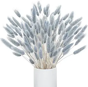 VirtuGro16IN 120pcs Bunny Tails Dried Flowers Grey Blue Pampas Grass Rabbit Tails Dried Flowers Bulk Natural Lagurus Ovatus for Dried Floral Arrangement Home Boho Wedding Party Decor(NO Vase)