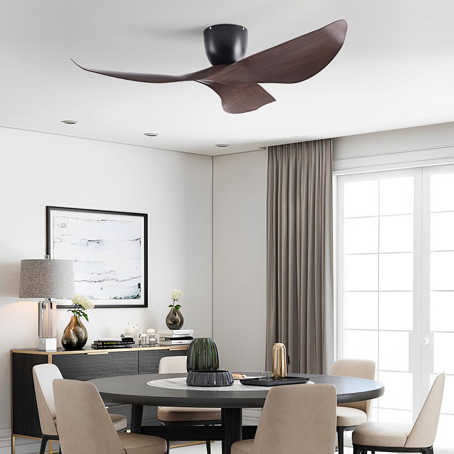 52-Inch Black Ceiling Fan Without Light, Modern Low-Profile Flush Mount Fan with Remote, 6-Speed Reversible Quiet DC Motor,for Patio, Living Room, Bedroom (No Light) 52 Inches Dark Walnut+Black