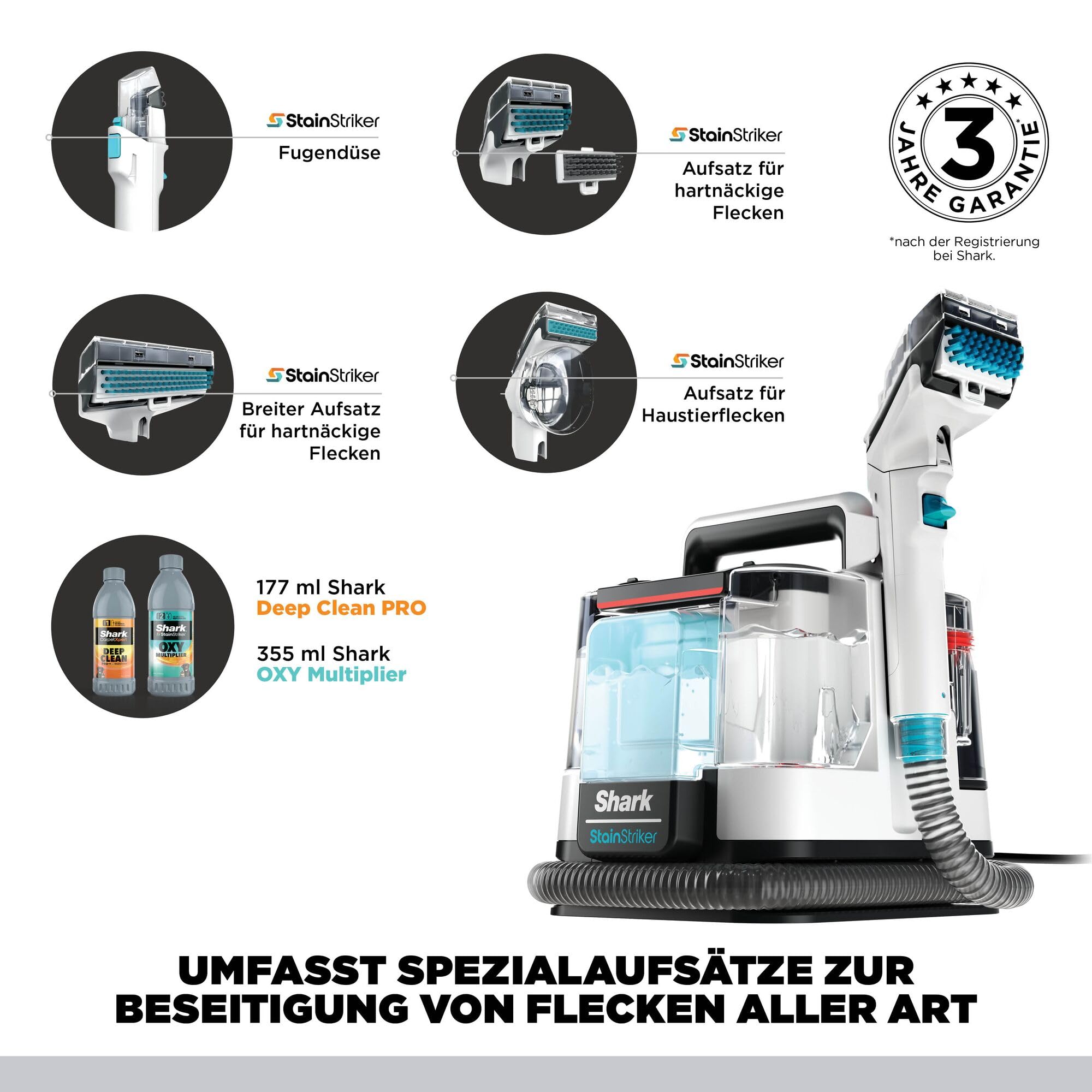 Shark StainStriker Fleckenreiniger mit 5 Aufsätzen, reinigt Teppich- und Polsterfasern, gegen Speisereste, Flüssigkeiten und Tiergeruch, leicht und tragbar, 450W, Weiß/Türkis, PX200EUT