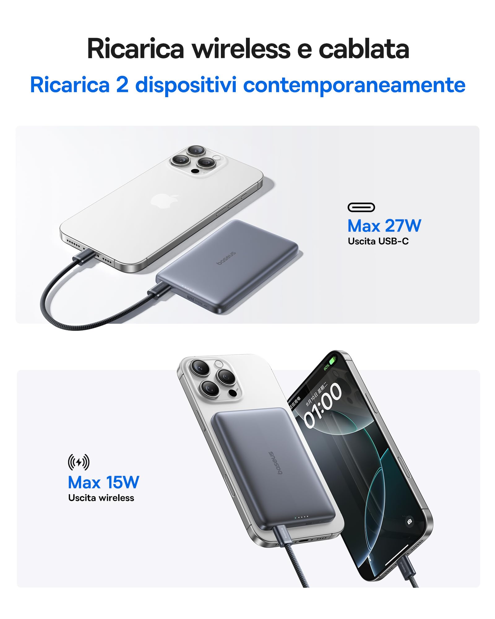 Baseus Picogo AM41 Power Bank, Ultra Slim 10000mAh Qi2 Magsafe Powerbank 15W Wireless, Ricarica Rapida PD 27W, Mini Magnetico Batteria Esterna con cavo USB C per iPhone 16/15/14/13/12, Grigio Spazio