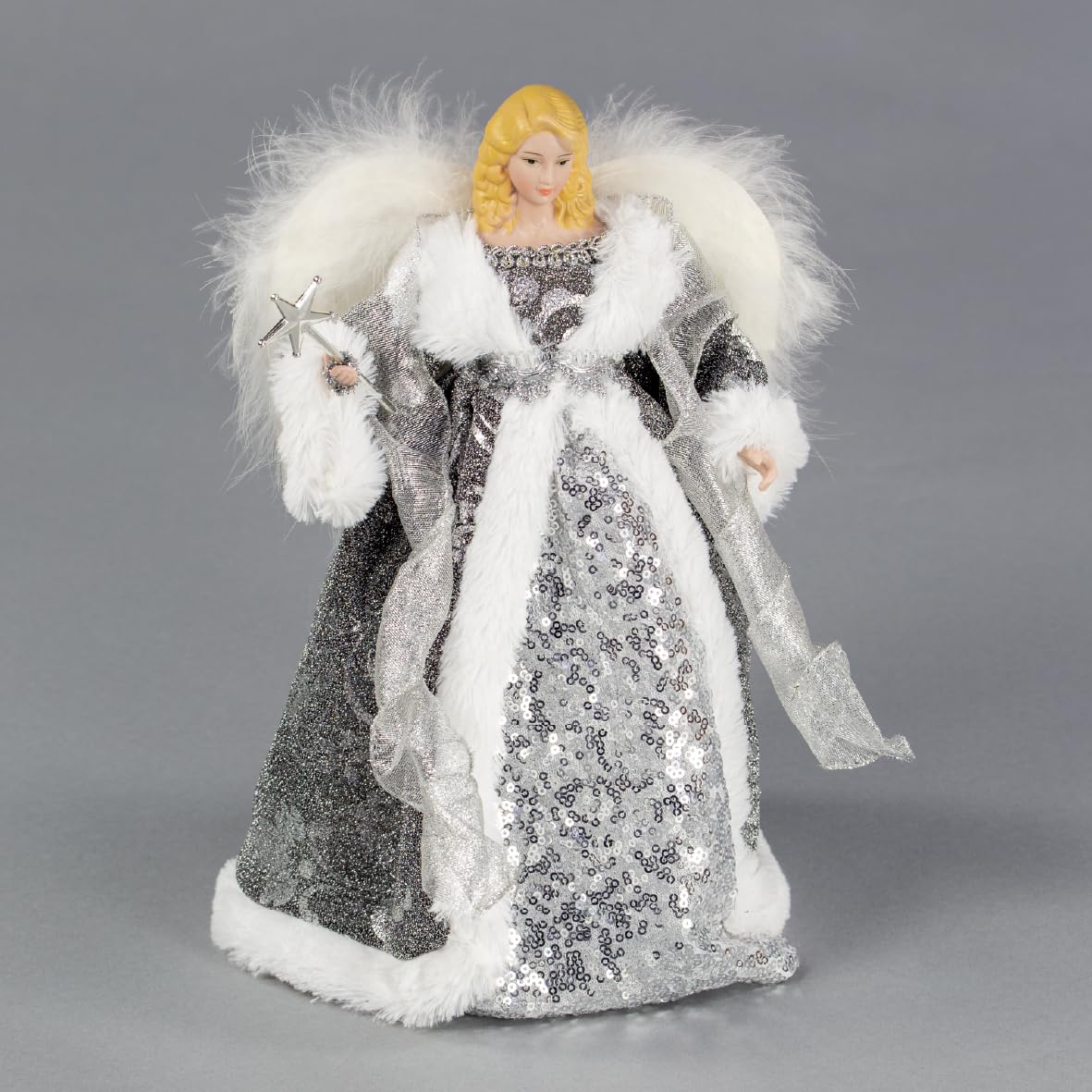 Christmas Angel Tree Topper 31cm Tall  Silver and White Dress Indoor only 71089