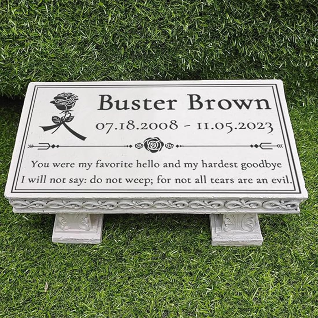 JHB Personalized Bench Pet Memorial Garden Stone Plaque with Colorful Photo, Dog Grave Marker Dog Tombstone Cat Headstone for Graves Loss of Pet Gift Cemetery Garden Plaque (R)