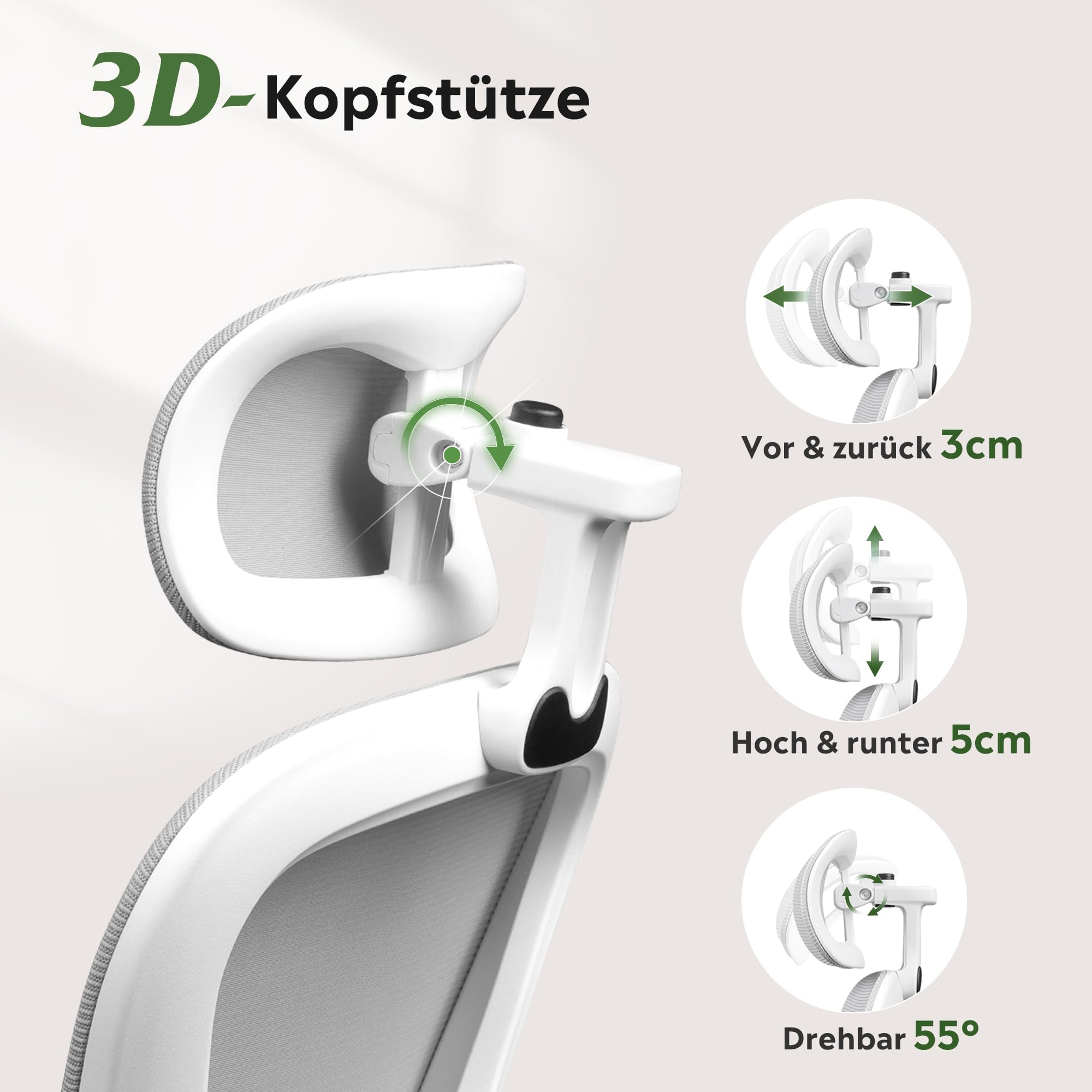 DEVAISE Bürostuhl Ergonomisch, Schreibtischstuhl mit Lendenwirbelstütze, 3D-Kopfstütze, 90° Klappbaren Armlehnen und Atmungsaktivem Netzrücken, Wippfunktion für Büro & Homeoffice, bis 150kg