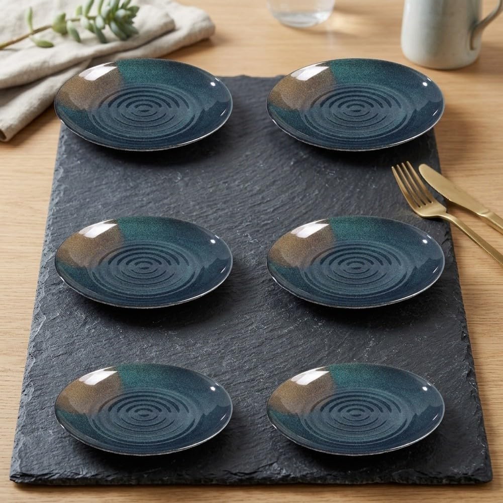 Juego de 6 platos de melamina negra con patrón de ondulación concéntrica reutilizable para barbacoa, picnic, fiesta, servir de 17,5 a 27,8 cm
