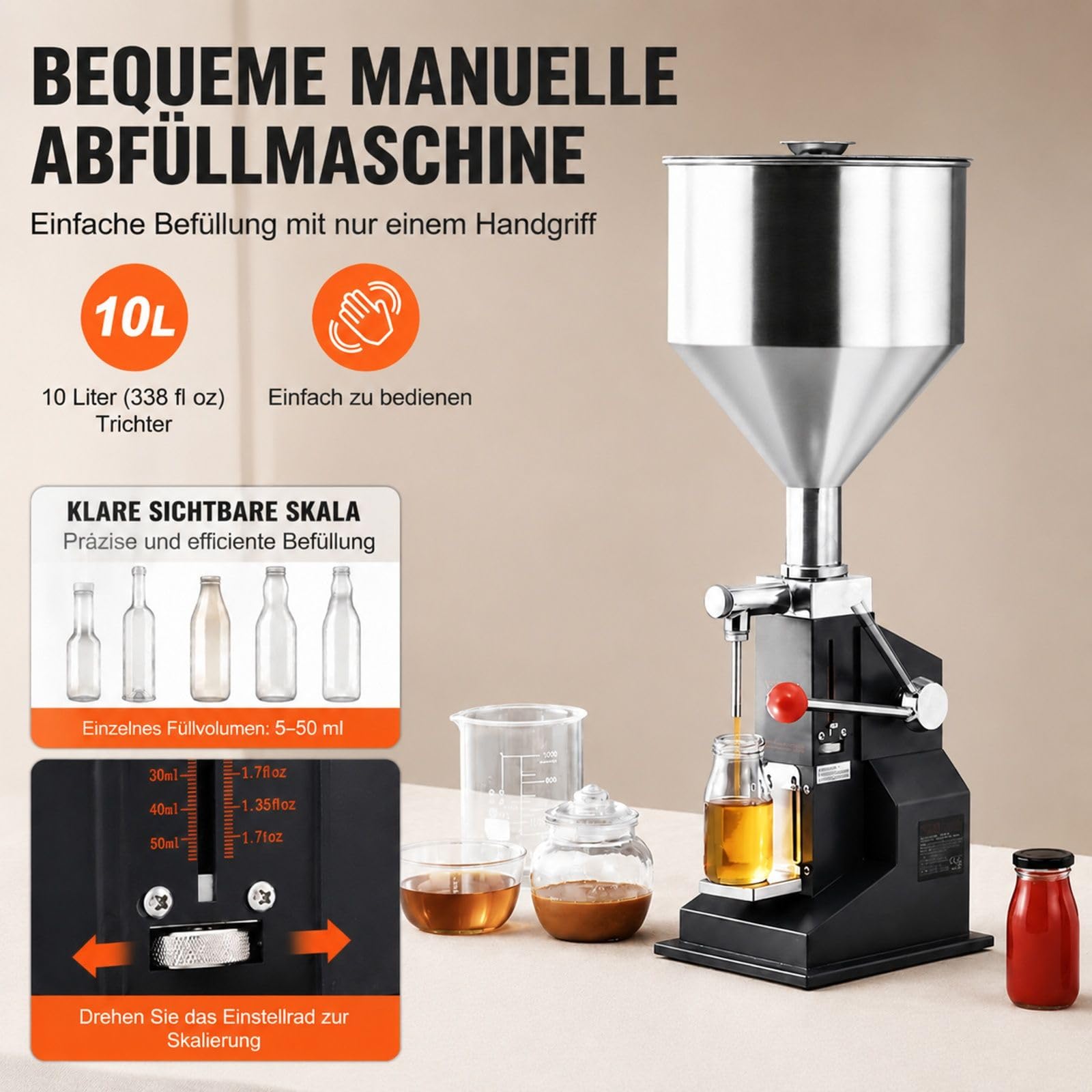 Manuelle Abfüllmaschine für Flüssigkeiten und Pasten, verstellbarer Flaschenfüller mit Trichter, Edelstahl, für Milch, Wasser, Saft, ätherisches Öl, Shampoo, Honig, Kosmetikcreme