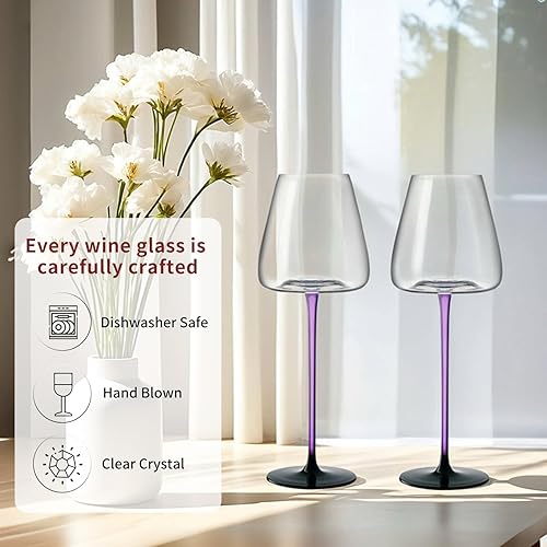 Miniatura 5 de Juego de 2 copas de vino de cristal con caja de regalo. Aptas para lavavajillas. Copas de vino moradas grandes de 20 onzas con tallo largo para