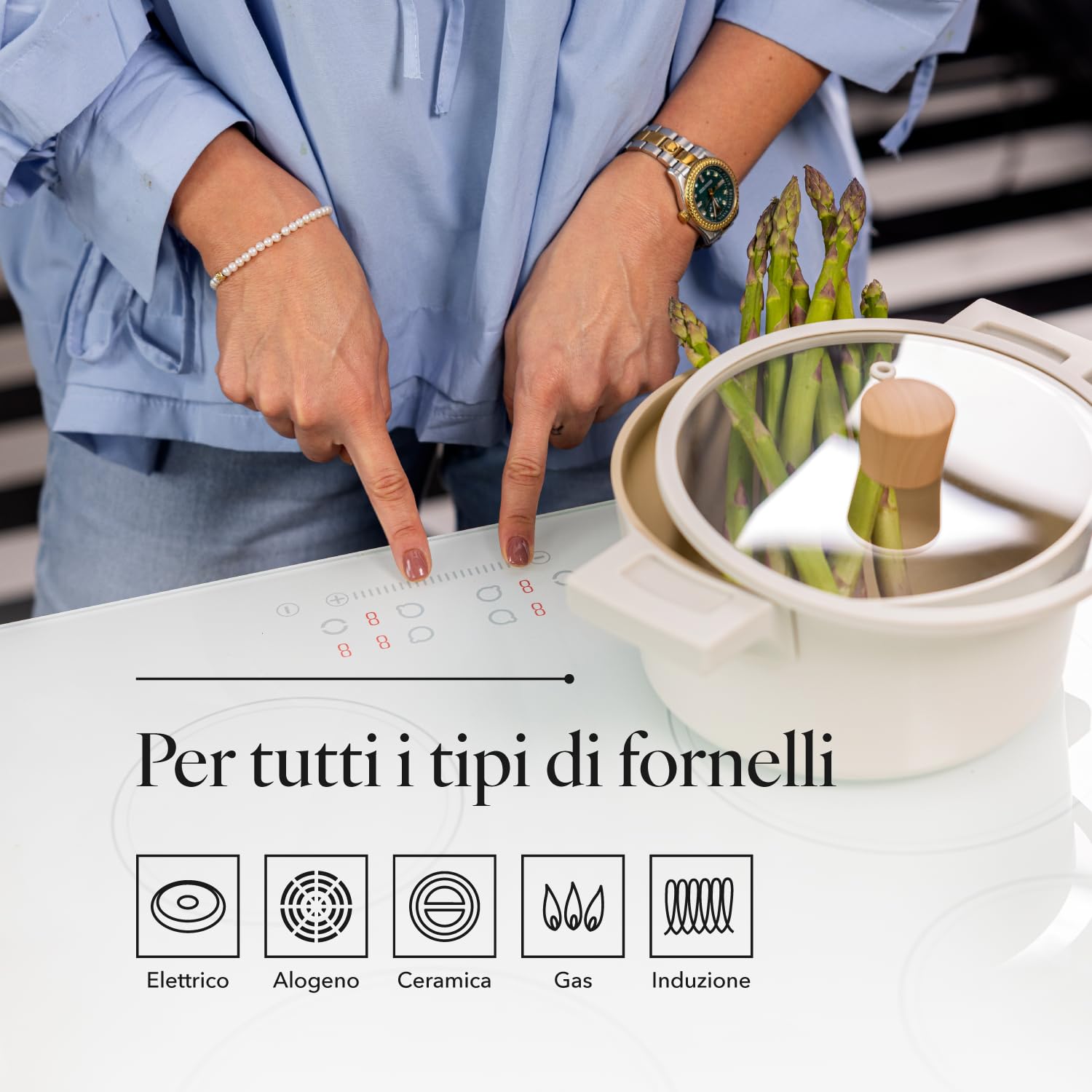 FLORINA Casseruola in alluminio Nube | 24 cm | 5,8 l | Adatta all'induzione | Rivestimento ceramico antigraffio | Manico soft-touch con effetto legno | Coperchio in vetro resistente al calore