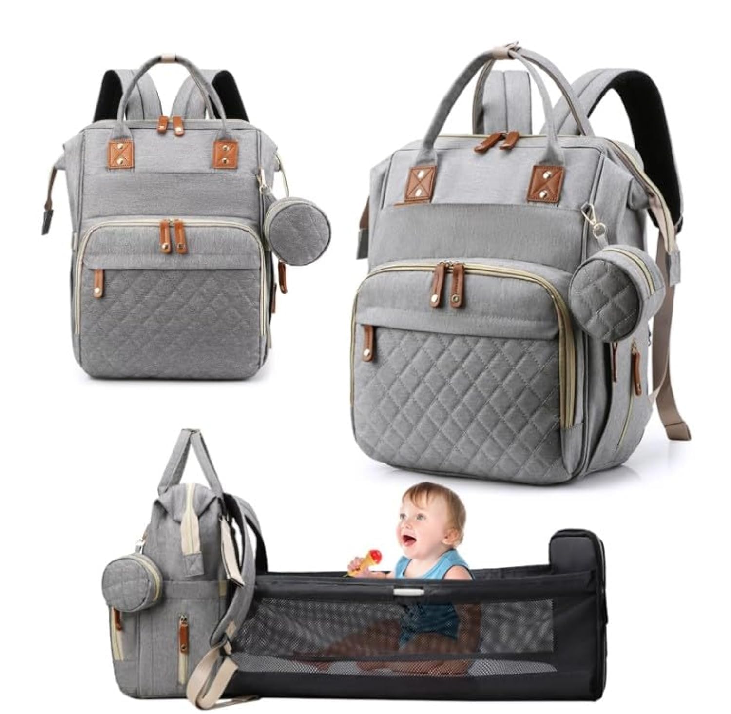 Handcuffs Diaper Bag Backpack with Changing Station, Foldable Baby Diaper Bags Large Capacity Waterproof USB Charging Port, Mummy Bag for Baby Boy Girl (Grey)