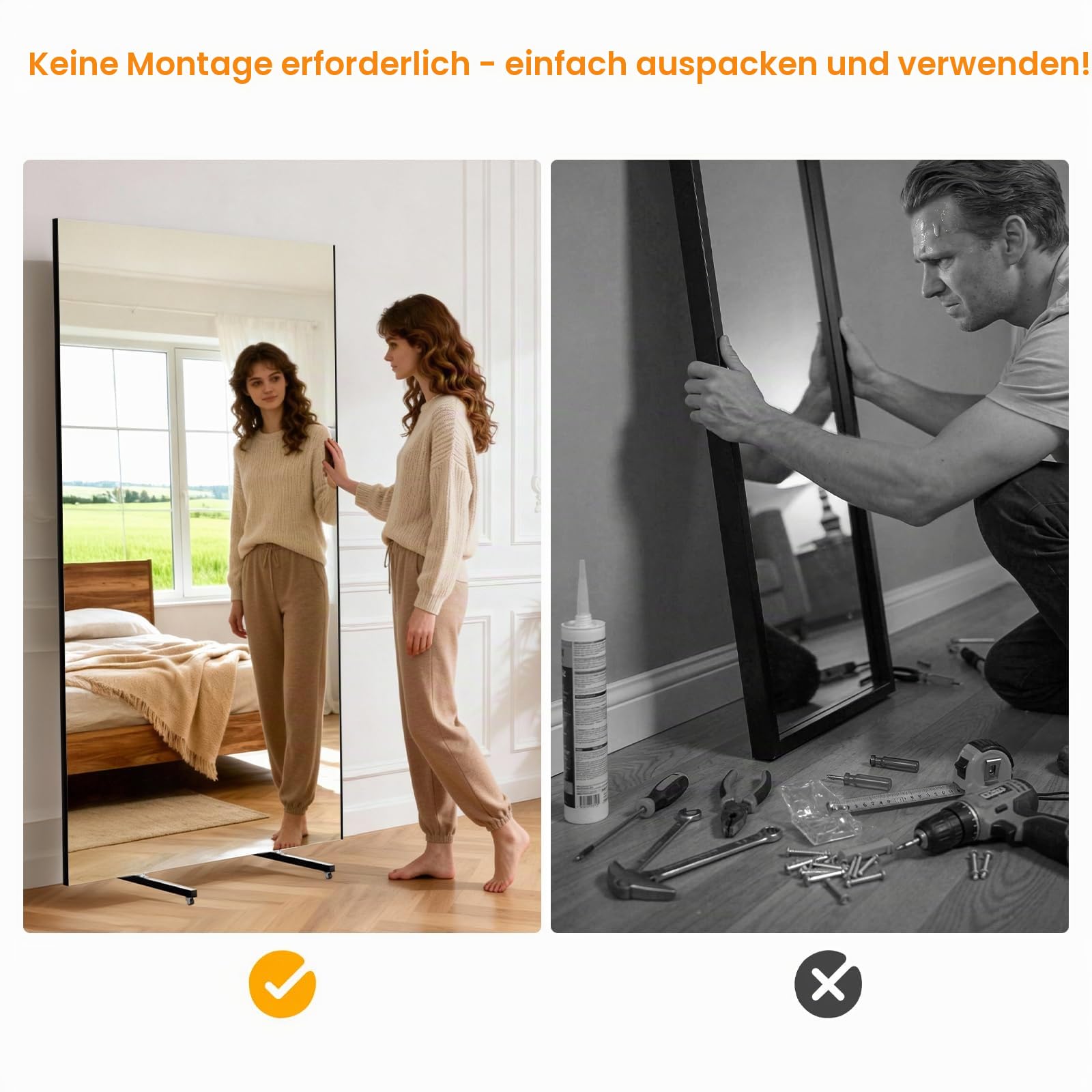 brisafe Glasloser Ganzkörperspiegel 180x100cm, Drehbar, Bruchsicher Schwarz | Leichter Standspiegel mit Rollen, mobil fahrbar; für Fitnessstudio, Tanzstudio, Yoga, Boutique und Home Gym