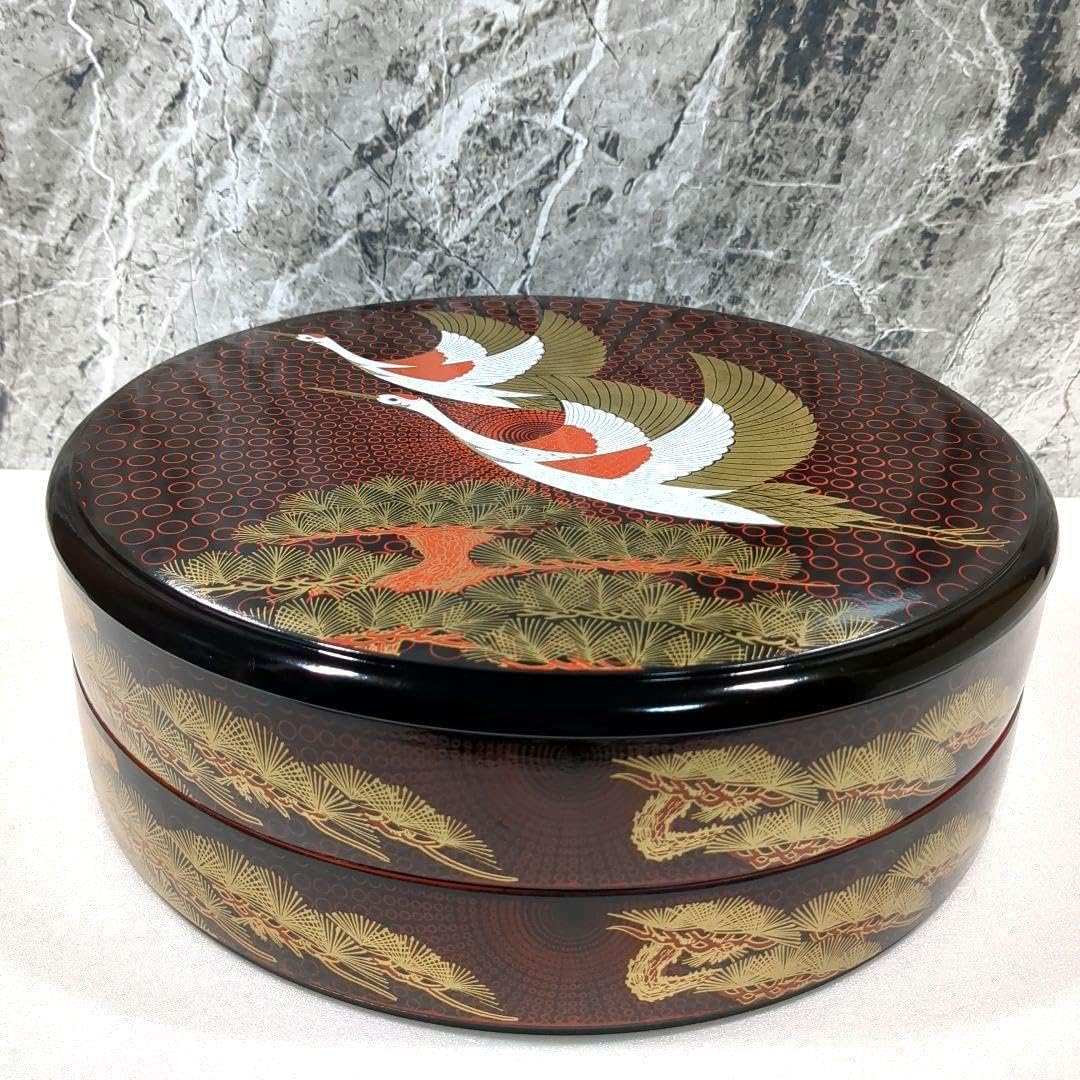 山中漆器 合成漆器 重箱 鶴と松のデザイン 2段式