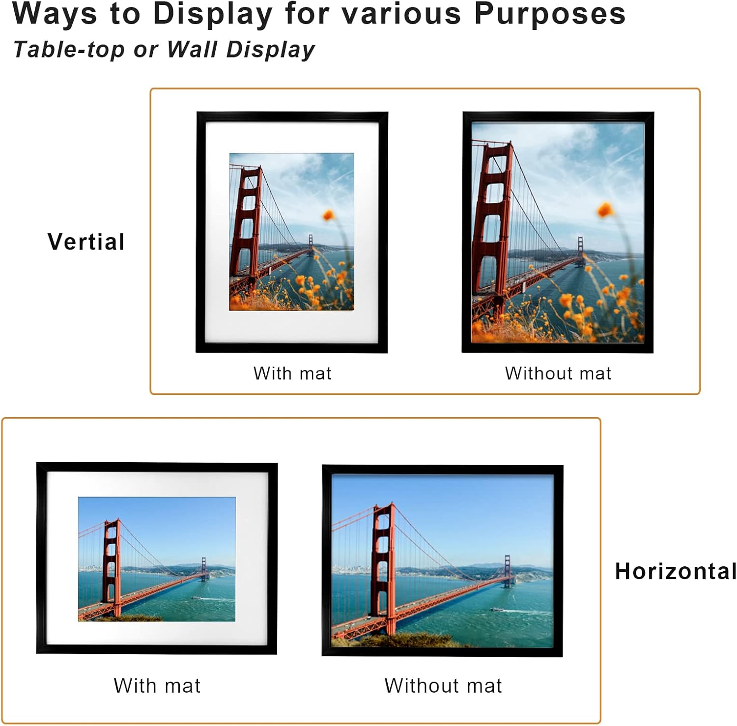 KINLINK 11x14 Picture Frame Set of 6, Wooden 14x11 Photo Frames with Plexiglass for 8x10 Picture with Mat or 11x14 Without Mat, Art Collage for Wall Gallery and Tabletop Display, 11 x 14 Frame Black