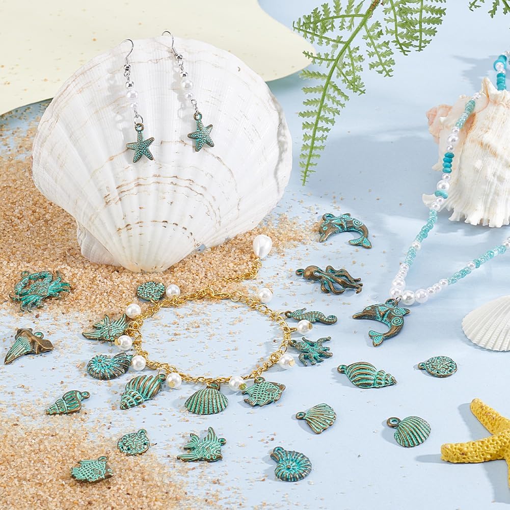 PH PandaHall 64Pcs 16 Styles Ocean Theme Charm Sea Life Charms Bulk Antique Bronze Turquoise Color Ocean Animal Vintage Fish Charms for DIY Jewelry Making Charms Necklace Bracelet Earring - Image 2