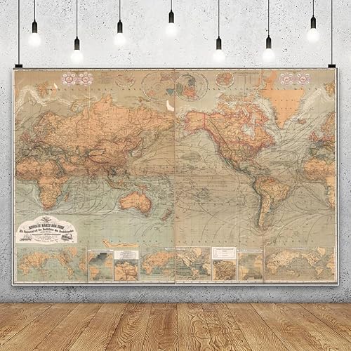 Miniatura 3 de AOFOTO Telón de fondo de fotografía de mapa del viejo mundo de 7 x 5 pies, estilo vintage, retro, mapa náutico del mundo, fondo marrón antiguo,