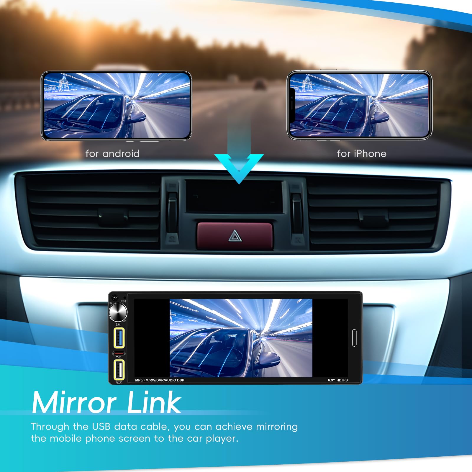 Hikity 6.9" 1 DIN CarPlay Radio Coche con Bluetooth FM Cámara Trasera | IPS Pantalla Táctil Android Auto Wireless CarPlay Mirror Link EQ Control del Volante Manos Libres USB AUX