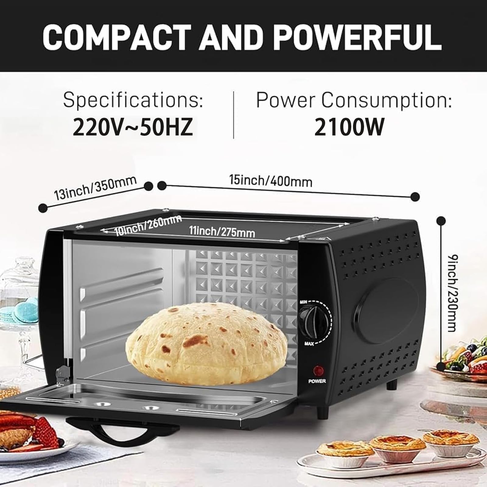 Elektryczny piekarnik Tandoor, mini piekarnik na blacie z blachą do pieczenia i siatką do pieczenia, regulowana temperatura 48.9 °C-398.9 °C, Roti Maker do domowej kuchni