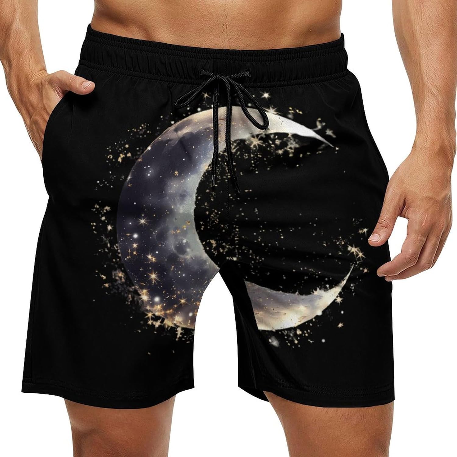Moon and Stars Casual Men's Swim Trunks Novelty Summer Beach Shorts Swimwear with Pocket