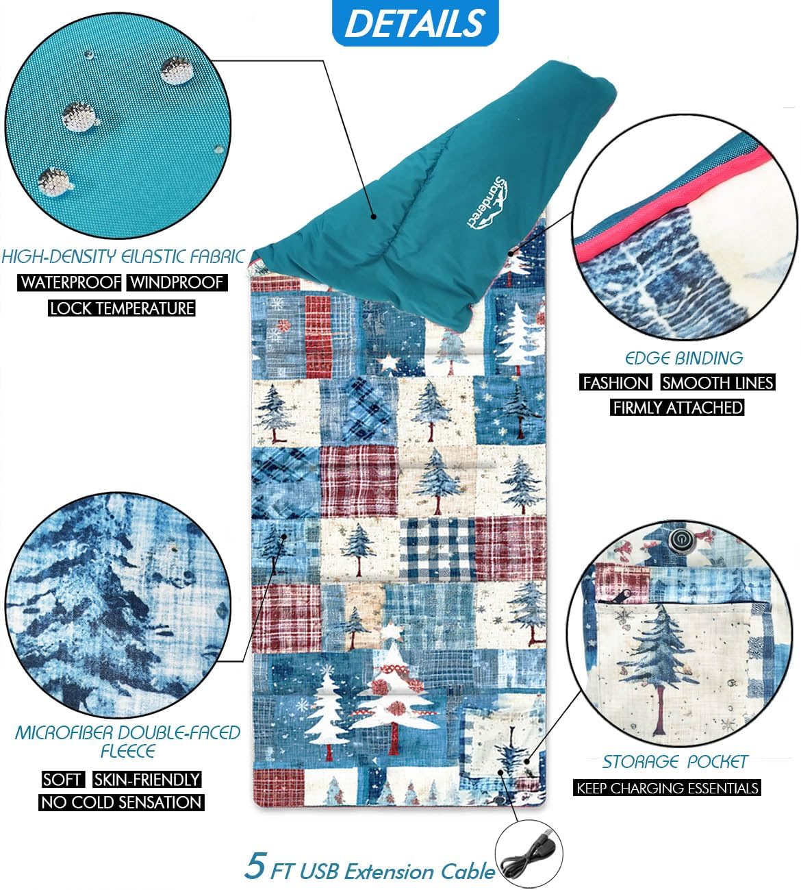 Heated Sleeping Bag pad, 3 Adjustable Temperature Levels, Heated Sleeping Bag Liner for Cold Weather Backpacking or Hiking, Multi USB Power Supported (Christmas Tree, 76" x 24")